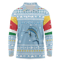 Seychelles Christmas Long Sleeve Polo Shirt with Ocean Blue Pattern, Marlin Fish Artwork, and Surfing Santa Motif - Wonder Print Shop