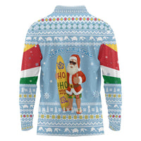 Seychelles Christmas Long Sleeve Polo Shirt with Ocean Blue Pattern, Marlin Fish Artwork, and Surfing Santa Motif - Wonder Print Shop