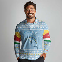Seychelles Christmas Long Sleeve Polo Shirt with Ocean Blue Pattern, Marlin Fish Artwork, and Surfing Santa Motif - Wonder Print Shop