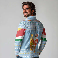 Seychelles Christmas Long Sleeve Polo Shirt with Ocean Blue Pattern, Marlin Fish Artwork, and Surfing Santa Motif - Wonder Print Shop
