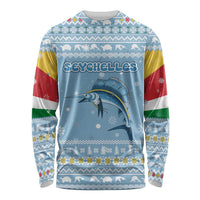 Seychelles Christmas Long Sleeve Shirt with Ocean Blue Pattern, Marlin Fish Artwork, and Surfing Santa Motif - Wonder Print Shop
