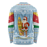 Seychelles Christmas Long Sleeve Shirt with Ocean Blue Pattern, Marlin Fish Artwork, and Surfing Santa Motif - Wonder Print Shop