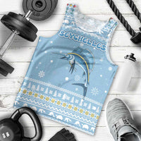 Seychelles Christmas Men Tank Top with Ocean Blue Pattern, Marlin Fish Artwork, and Surfing Santa Motif - Wonder Print Shop