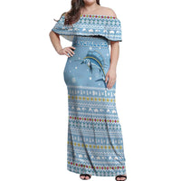 Seychelles Christmas Off Shoulder Maxi Dress with Ocean Blue Pattern, Marlin Fish Artwork, and Surfing Santa Motif - Wonder Print Shop
