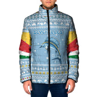 Seychelles Christmas Padded Jacket with Ocean Blue Pattern, Marlin Fish Artwork, and Surfing Santa Motif - Wonder Print Shop
