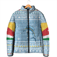 Seychelles Christmas Padded Jacket with Ocean Blue Pattern, Marlin Fish Artwork, and Surfing Santa Motif - Wonder Print Shop