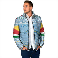 Seychelles Christmas Padded Jacket with Ocean Blue Pattern, Marlin Fish Artwork, and Surfing Santa Motif - Wonder Print Shop