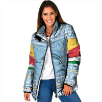 Seychelles Christmas Padded Jacket with Ocean Blue Pattern, Marlin Fish Artwork, and Surfing Santa Motif - Wonder Print Shop
