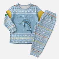Seychelles Christmas Pajama Set with Ocean Blue Pattern, Marlin Fish Artwork, and Surfing Santa Motif - Wonder Print Shop