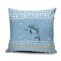 Seychelles Christmas Pillow Cover with Ocean Blue Pattern, Marlin Fish Artwork, and Surfing Santa Motif - Wonder Print Shop