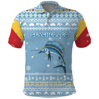 Seychelles Christmas Polo Shirt with Ocean Blue Pattern, Marlin Fish Artwork, and Surfing Santa Motif - Wonder Print Shop