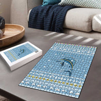 Seychelles Christmas Puzzle with Ocean Blue Pattern, Marlin Fish Artwork, and Surfing Santa Motif - Wonder Print Shop