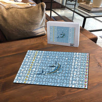 Seychelles Christmas Puzzle with Ocean Blue Pattern, Marlin Fish Artwork, and Surfing Santa Motif - Wonder Print Shop