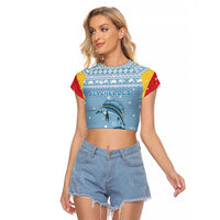 Seychelles Christmas Raglan Cropped T Shirt with Ocean Blue Pattern, Marlin Fish Artwork, and Surfing Santa Motif - Wonder Print Shop