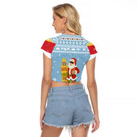 Seychelles Christmas Raglan Cropped T Shirt with Ocean Blue Pattern, Marlin Fish Artwork, and Surfing Santa Motif - Wonder Print Shop