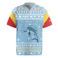 Seychelles Christmas Rugby Jersey with Ocean Blue Pattern, Marlin Fish Artwork, and Surfing Santa Motif - Wonder Print Shop