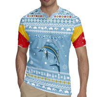 Seychelles Christmas Rugby Jersey with Ocean Blue Pattern, Marlin Fish Artwork, and Surfing Santa Motif - Wonder Print Shop