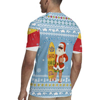Seychelles Christmas Rugby Jersey with Ocean Blue Pattern, Marlin Fish Artwork, and Surfing Santa Motif - Wonder Print Shop
