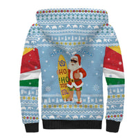 Seychelles Christmas Sherpa Hoodie with Ocean Blue Pattern, Marlin Fish Artwork, and Surfing Santa Motif - Wonder Print Shop