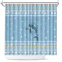 Seychelles Christmas Shower Curtain with Ocean Blue Pattern, Marlin Fish Artwork, and Surfing Santa Motif - Wonder Print Shop