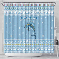 Seychelles Christmas Shower Curtain with Ocean Blue Pattern, Marlin Fish Artwork, and Surfing Santa Motif - Wonder Print Shop