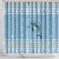 Seychelles Christmas Shower Curtain with Ocean Blue Pattern, Marlin Fish Artwork, and Surfing Santa Motif - Wonder Print Shop