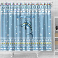 Seychelles Christmas Shower Curtain with Ocean Blue Pattern, Marlin Fish Artwork, and Surfing Santa Motif - Wonder Print Shop