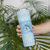 Seychelles Christmas Skinny Tumbler with Ocean Blue Pattern, Marlin Fish Artwork, and Surfing Santa Motif - Wonder Print Shop
