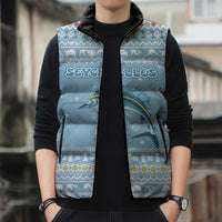 Seychelles Christmas Sleeveless Puffer Jacket with Ocean Blue Pattern, Marlin Fish Artwork, and Surfing Santa Motif - Wonder Print Shop
