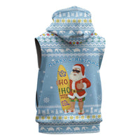 Seychelles Christmas Sleeveless Zip Hoodie with Ocean Blue Pattern, Marlin Fish Artwork, and Surfing Santa Motif - Wonder Print Shop