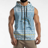 Seychelles Christmas Sleeveless Zip Hoodie with Ocean Blue Pattern, Marlin Fish Artwork, and Surfing Santa Motif - Wonder Print Shop