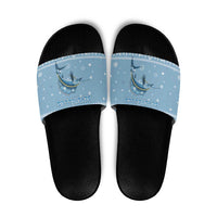 Seychelles Christmas Slide Sandals with Ocean Blue Pattern, Marlin Fish Artwork, and Surfing Santa Motif - Wonder Print Shop