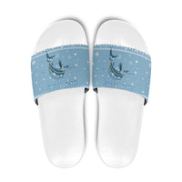 Seychelles Christmas Slide Sandals with Ocean Blue Pattern, Marlin Fish Artwork, and Surfing Santa Motif - Wonder Print Shop