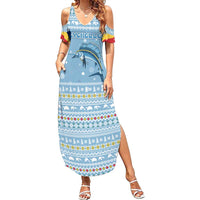 Seychelles Christmas Summer Maxi Dress with Ocean Blue Pattern, Marlin Fish Artwork, and Surfing Santa Motif - Wonder Print Shop