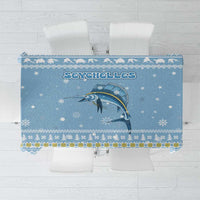 Seychelles Christmas Tablecloth with Ocean Blue Pattern, Marlin Fish Artwork, and Surfing Santa Motif - Wonder Print Shop