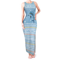 Seychelles Christmas Tank Maxi Dress with Ocean Blue Pattern, Marlin Fish Artwork, and Surfing Santa Motif - Wonder Print Shop