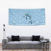 Seychelles Christmas Tapestry with Ocean Blue Pattern, Marlin Fish Artwork, and Surfing Santa Motif - Wonder Print Shop
