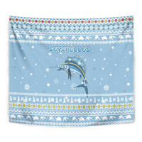 Seychelles Christmas Tapestry with Ocean Blue Pattern, Marlin Fish Artwork, and Surfing Santa Motif - Wonder Print Shop