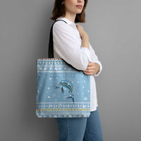 Seychelles Christmas Tote Bag with Ocean Blue Pattern, Marlin Fish Artwork, and Surfing Santa Motif - Wonder Print Shop