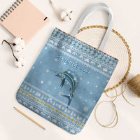 Seychelles Christmas Tote Bag with Ocean Blue Pattern, Marlin Fish Artwork, and Surfing Santa Motif - Wonder Print Shop