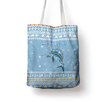 Seychelles Christmas Tote Bag with Ocean Blue Pattern, Marlin Fish Artwork, and Surfing Santa Motif - Wonder Print Shop