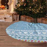 Seychelles Christmas Tree Skirt with Ocean Blue Pattern, Marlin Fish Artwork, and Surfing Santa Motif - Wonder Print Shop