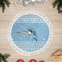 Seychelles Christmas Tree Skirt with Ocean Blue Pattern, Marlin Fish Artwork, and Surfing Santa Motif - Wonder Print Shop