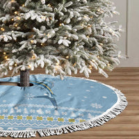 Seychelles Christmas Tree Skirt with Ocean Blue Pattern, Marlin Fish Artwork, and Surfing Santa Motif - Wonder Print Shop