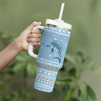 Seychelles Christmas Tumbler With Handle with Ocean Blue Pattern, Marlin Fish Artwork, and Surfing Santa Motif - Wonder Print Shop