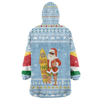 Seychelles Christmas Wearable Blanket Hoodie with Ocean Blue Pattern, Marlin Fish Artwork, and Surfing Santa Motif - Wonder Print Shop