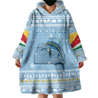 Seychelles Christmas Wearable Blanket Hoodie with Ocean Blue Pattern, Marlin Fish Artwork, and Surfing Santa Motif - Wonder Print Shop
