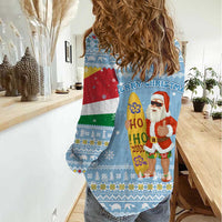 Seychelles Christmas Women Casual Shirt with Ocean Blue Pattern, Marlin Fish Artwork, and Surfing Santa Motif - Wonder Print Shop