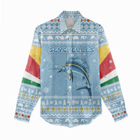 Seychelles Christmas Women Casual Shirt with Ocean Blue Pattern, Marlin Fish Artwork, and Surfing Santa Motif - Wonder Print Shop