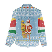 Seychelles Christmas Women Casual Shirt with Ocean Blue Pattern, Marlin Fish Artwork, and Surfing Santa Motif - Wonder Print Shop